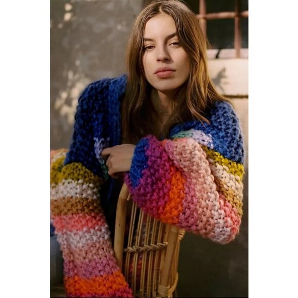 💕SAACHI💕 Mayflower Rainbow Stripe Cardigan ~ Hand Knit Multi-Color Medium - Picture 5 of 16